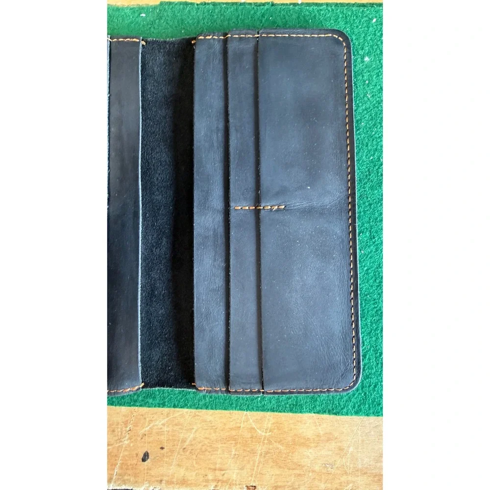 Cowather Handmade Genuine Leather Long Bifold Wallet Navy Blue Slim Tall Wallet